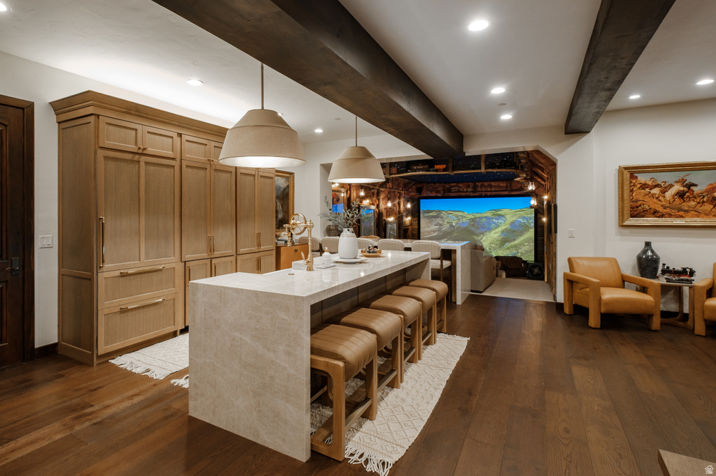 Open-concept kitchen and living area featuring dark wood-finish flooring