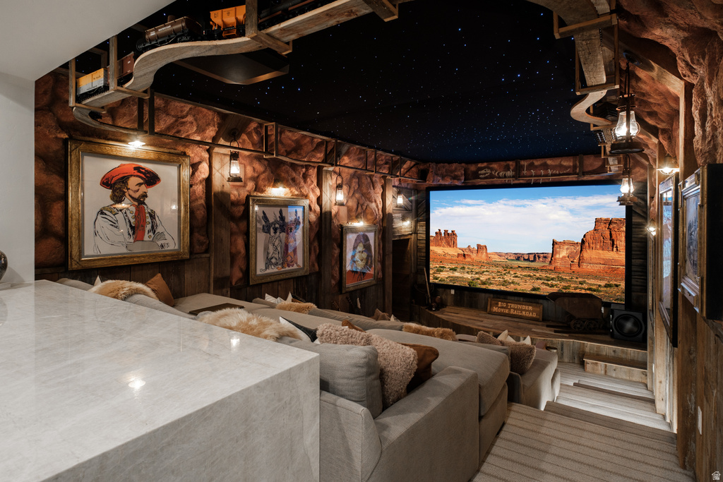 Custom-themed entertainment room featuring a large projection screen, tiered seating, a starry ceiling, and built-in decorative elements