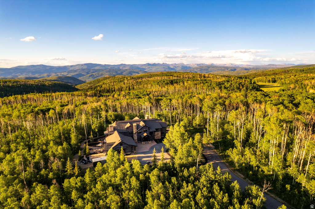 Expansive property featuring a stone and wood-clad exterior, multiple gabled rooflines, and an asphalt driveway