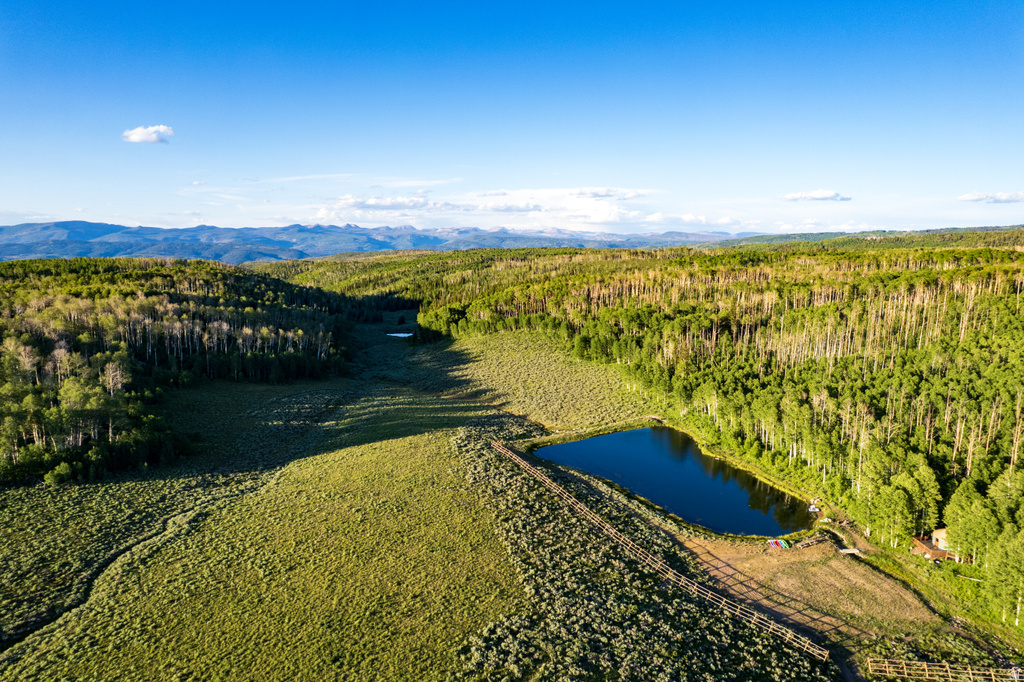 Expansive rural landscape featuring a private pond, dense forest, open fields, and distant mountains under a clear blue sky