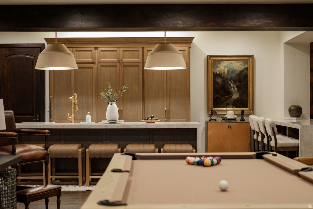 Entertainment space featuring a billiards table, a wet bar with integrated cabinetry and a gold-finish faucet, and a stone countertop