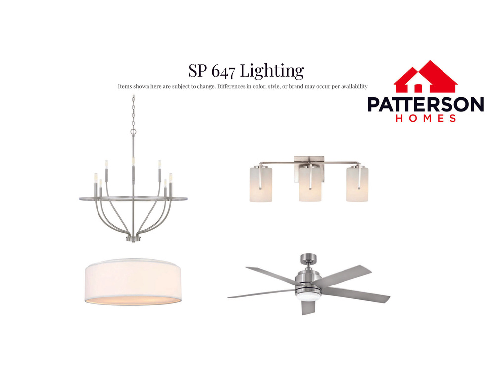 Product Specification Sheet, Lighting Fixtures. Presenting available lighting options for the property