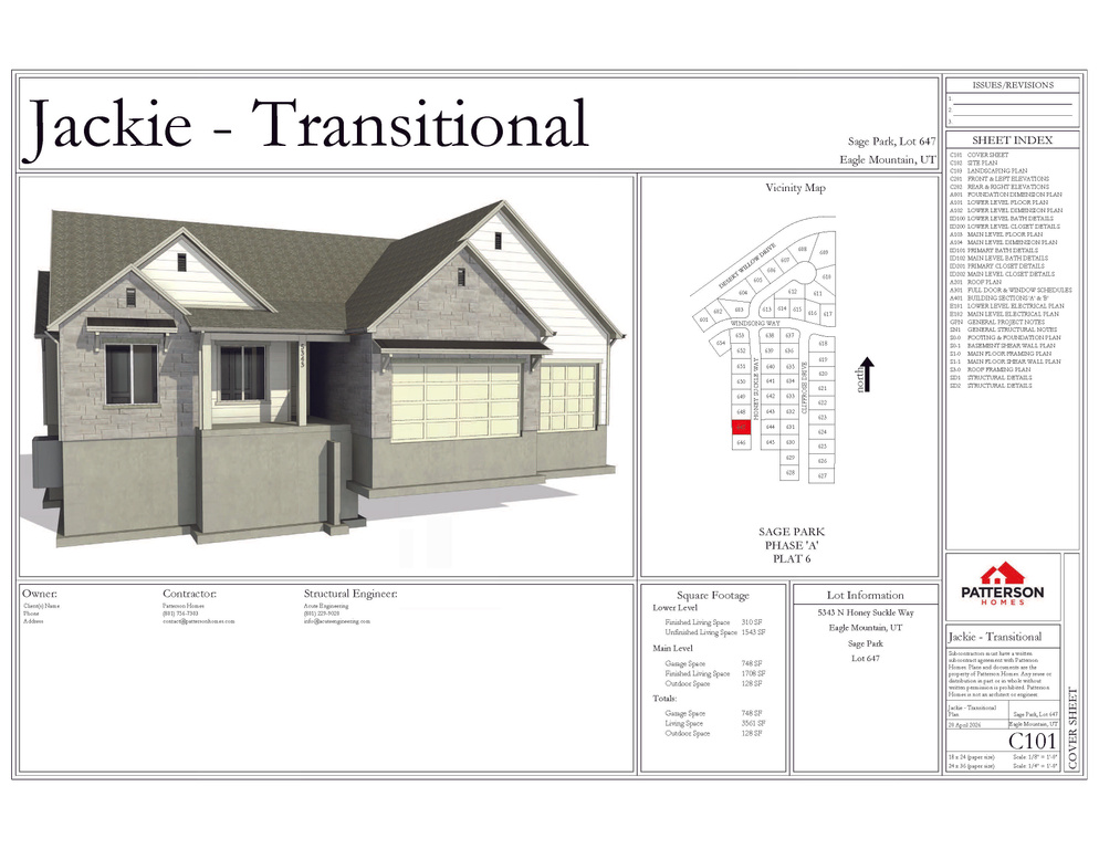 Architectural Plan, Cover Sheet. Presenting the property design, lot information, and square footage details