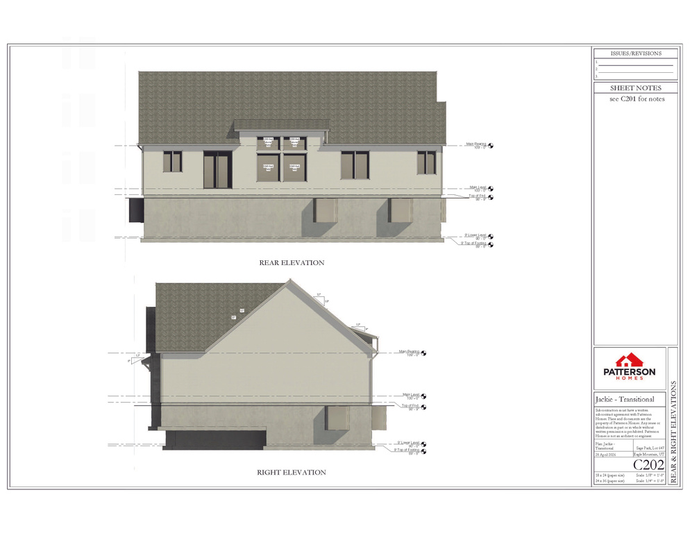 Architectural Drawing, Elevations. Displaying the rear and right side views of the property