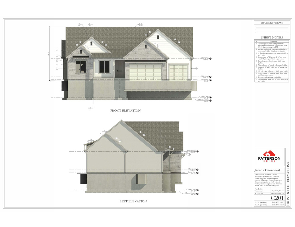 Architectural Drawing, Elevations. Displaying the front and left views of the property design