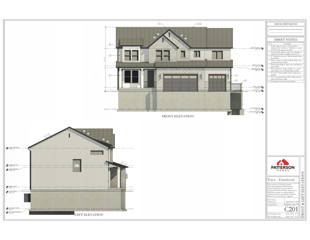 Architectural Drawings, Front & Left Elevations. Displaying exterior design specifications for the property