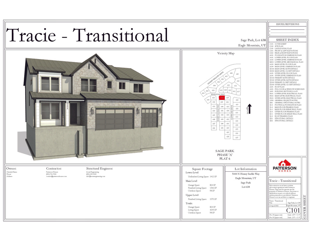 Architectural Drawing, Cover Sheet. Presenting the property\\\\\\\\\\\\\\\'s design, square footage, and lot information