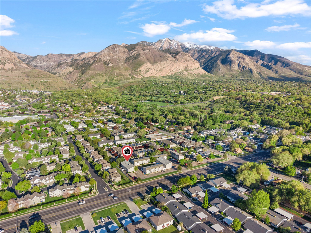 Aerial perspective showcasing a residential community with mature landscaping