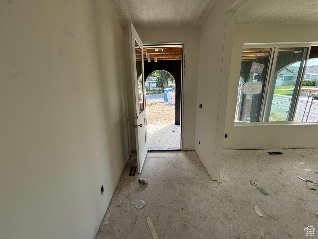 Entryway with partial light-colored walls and a front door featuring an arched transom