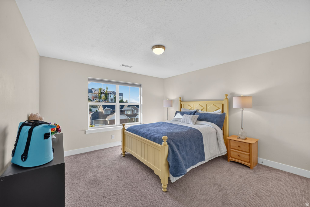 Bedroom featuring neutral tone carpeting and light-colored walls