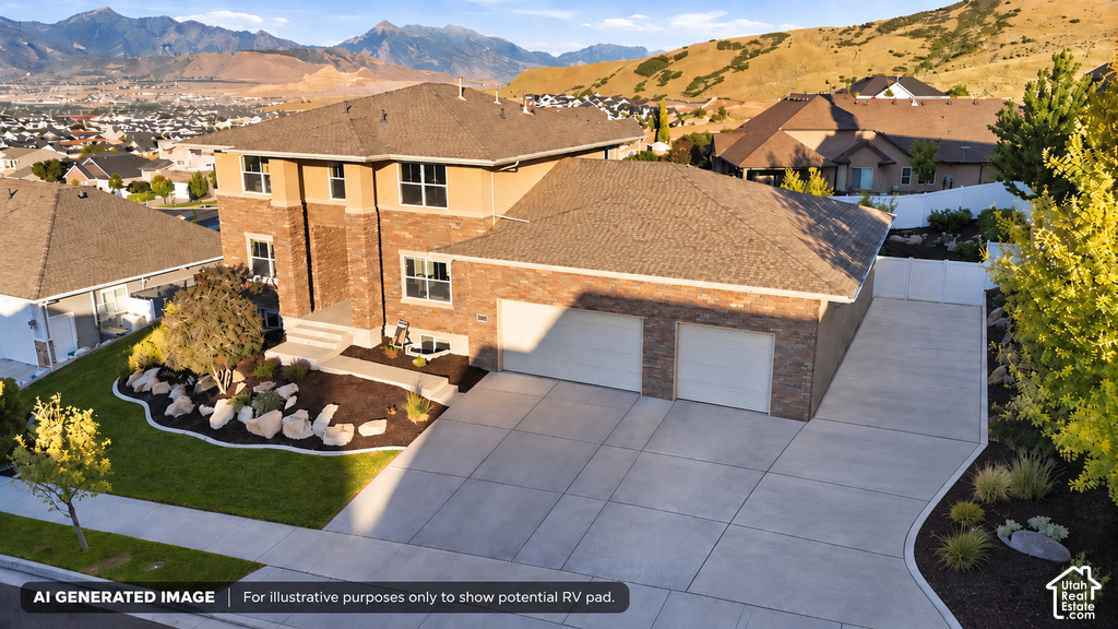 Two-story residence featuring brick and stucco exterior, an attached multi-car garage, extensive concrete driveway, and landscaped front yard