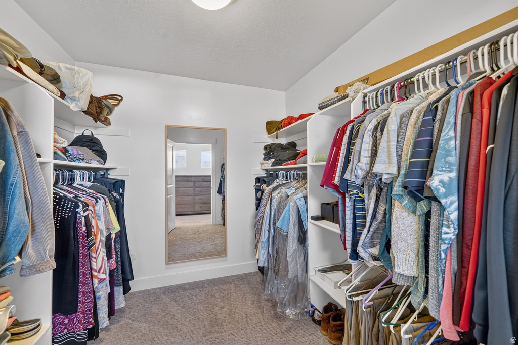 Walk-in closet featuring built-in shelving, hanging rods, recessed lighting, and carpet flooring