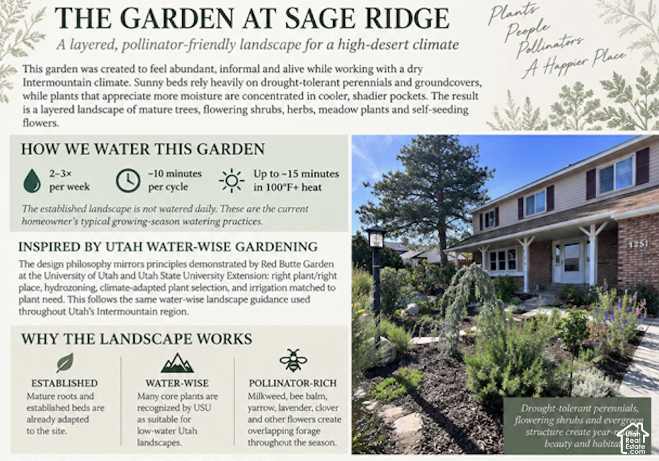 Promotional Flyer, Landscape Design Details. Presenting information on drought-tolerant landscaping, watering practices, and plant selection for the property
