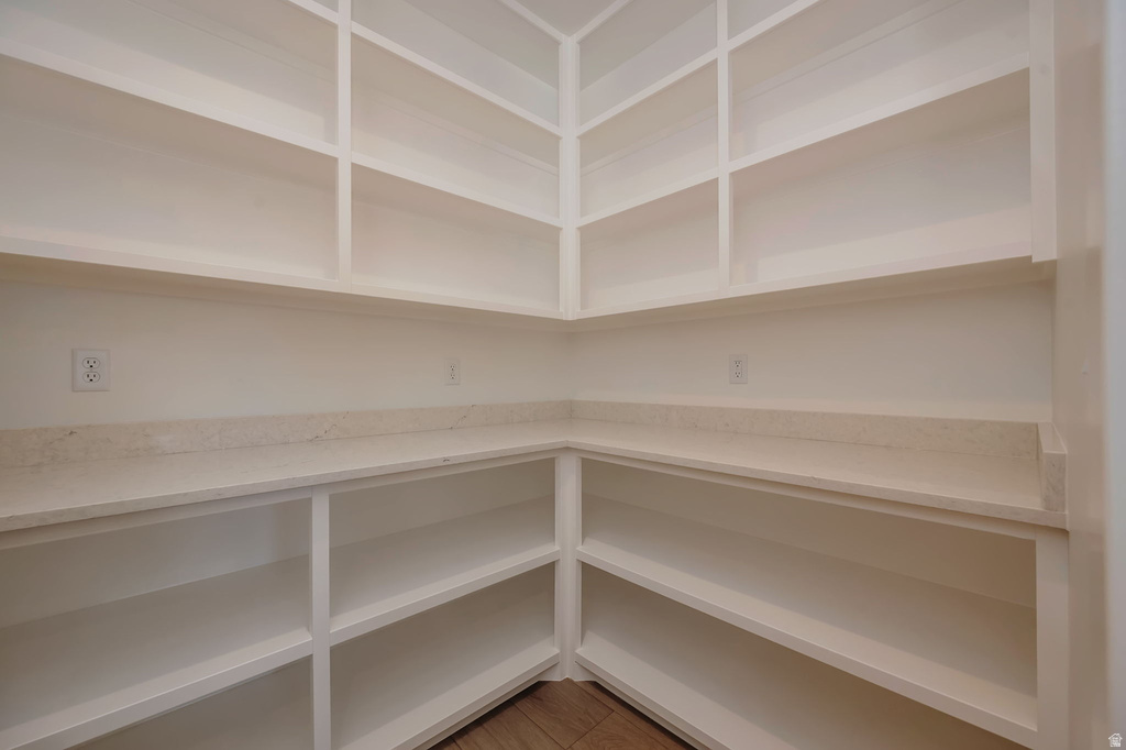 Corner pantry featuring extensive built-in white shelving, light-toned countertops, and wood-finish flooring
