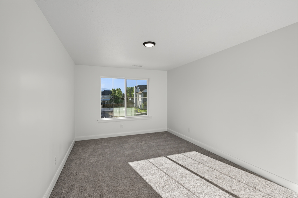 Bright interior space featuring a window with white trim, gray carpeted flooring, white walls, and a ceiling light fixture