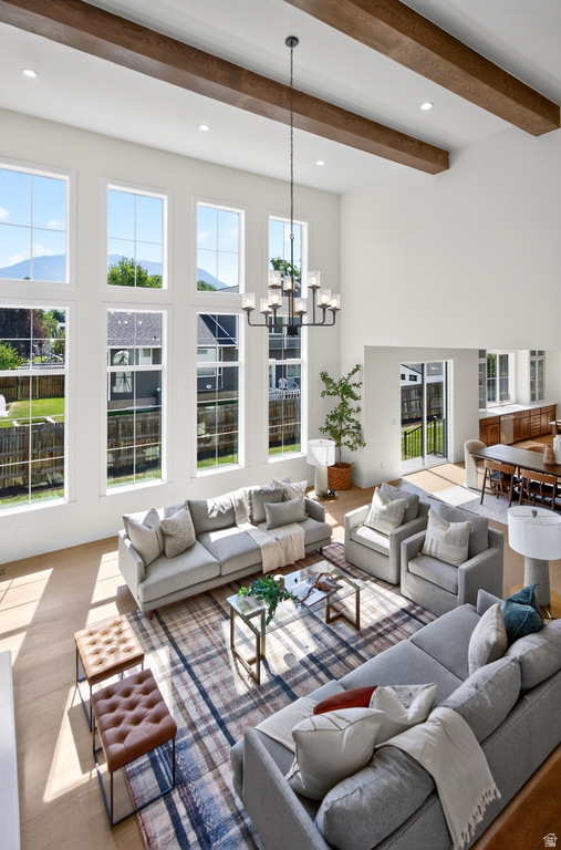 Soaring ceilings with exposed wood beams