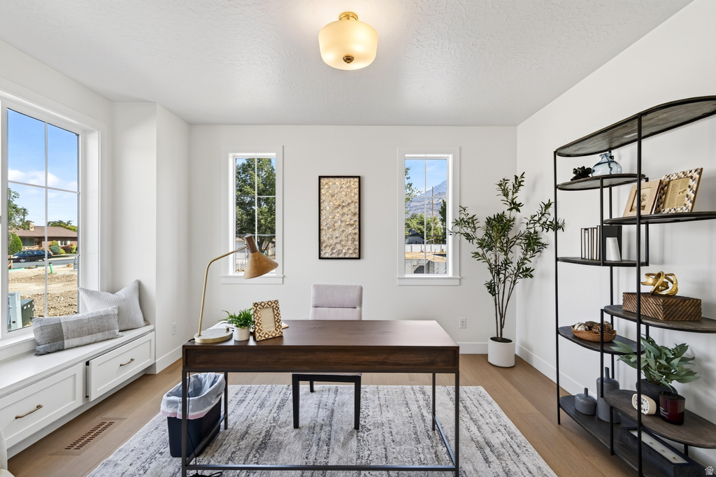 Bright room featuring wood-finish flooring and multiple windows
