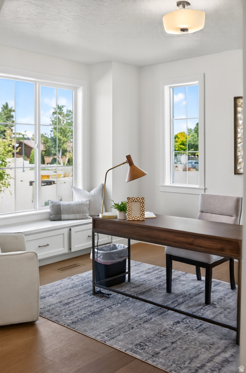 Bright room with wood-finish flooring featuring a built-in window seat with integrated cabinetry