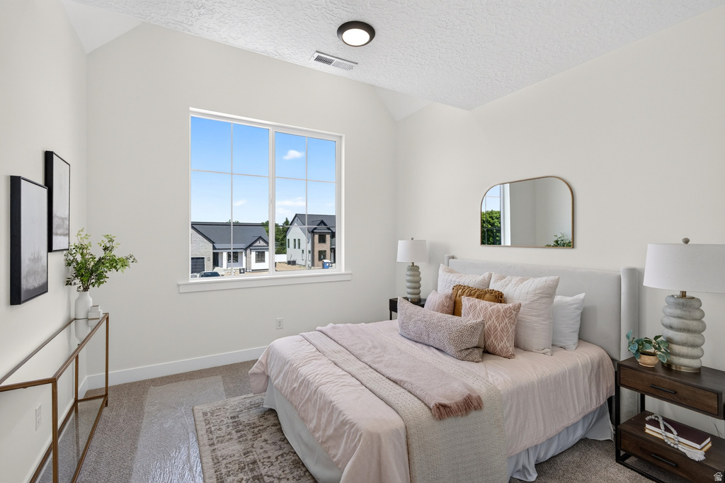 Bedroom featuring a vaulted ceiling and a large window with grid panes