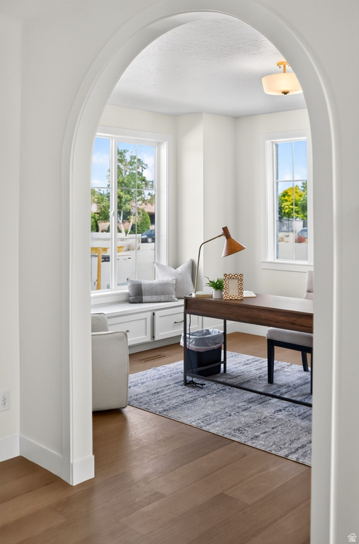 Archway entry leading to a room featuring abundant natural light, a window seat with integrated storage, wood-finish flooring, and a semi-flush mount ceiling fixture