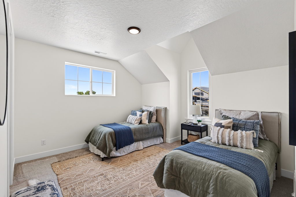 Bright bedroom featuring two windows, neutral carpeting, and sloped ceilings