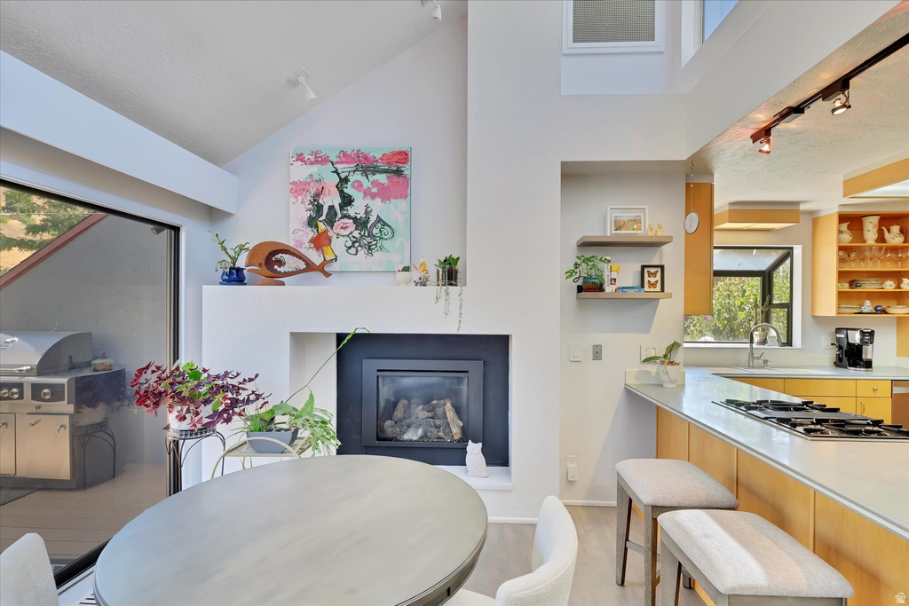 Vaulted ceiling living area with a built-in fireplace and sliding glass door