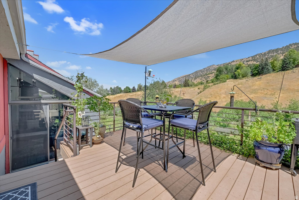 Expansive outdoor deck featuring wood-finish flooring, a white sunshade, and metal railings