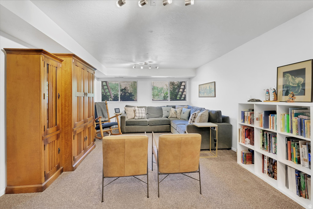 Spacious room featuring carpeted flooring, track lighting, and two egress windows