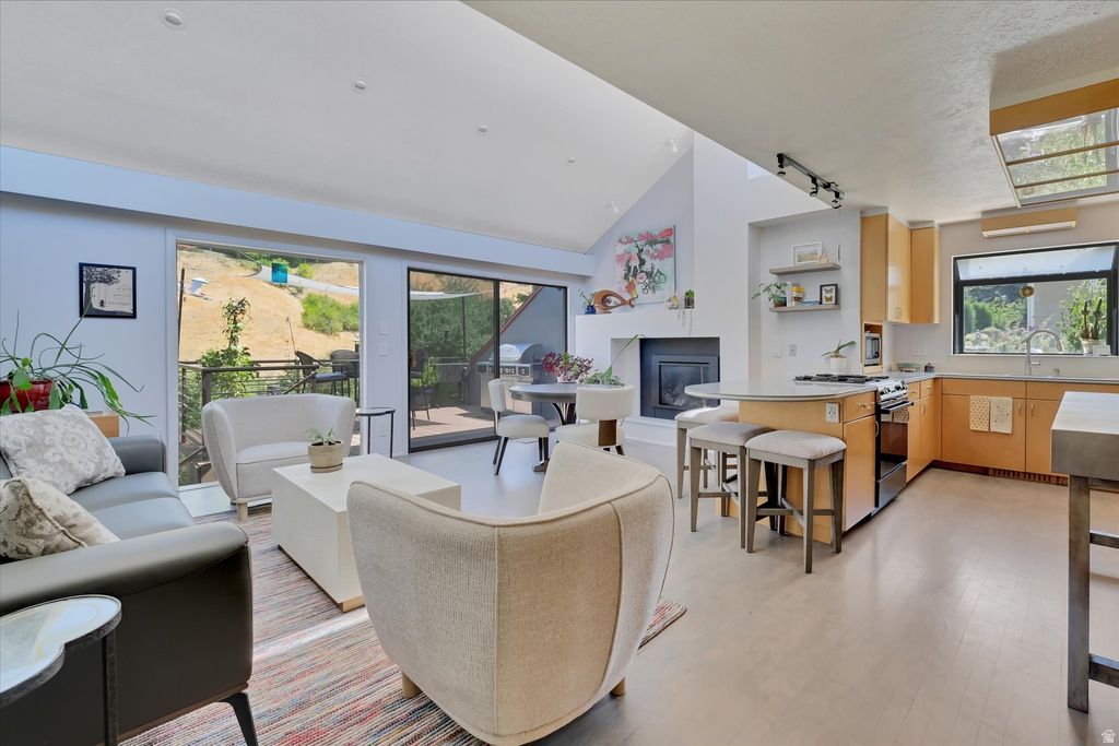 Open-concept living space featuring high vaulted ceilings, light-tone wood-finish flooring, and an integrated kitchen