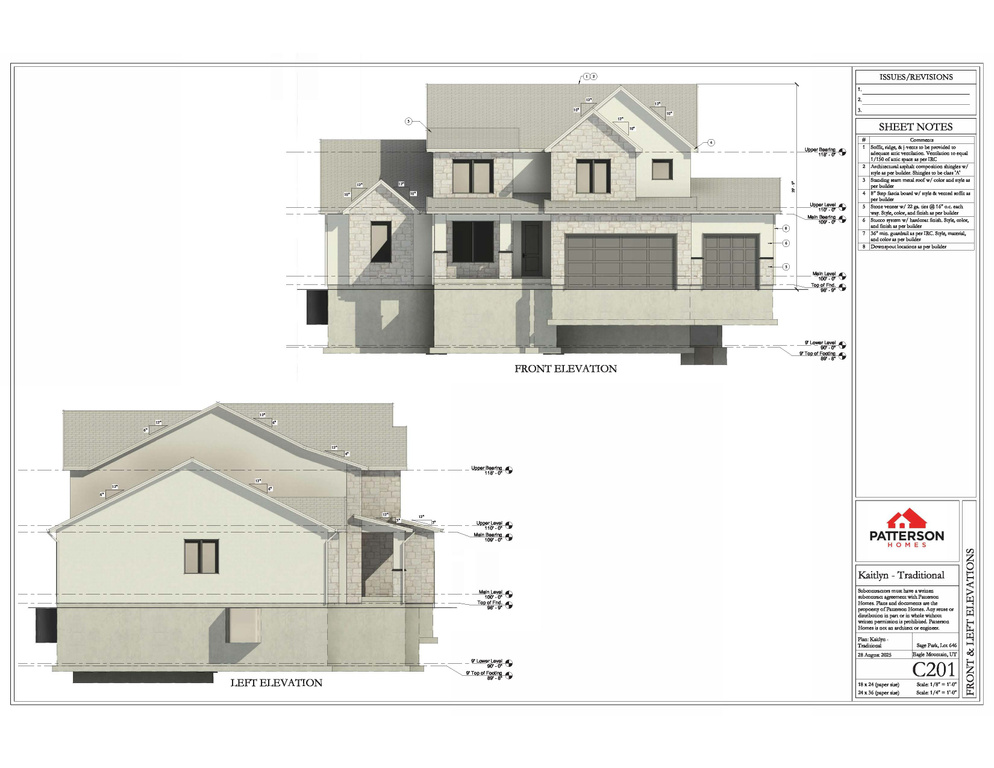 Architectural Elevations. Presenting the front and left views of the property design