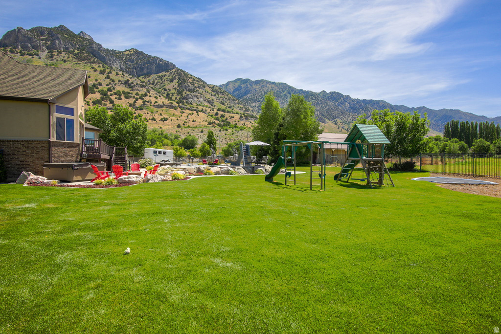 Expansive green lawn with mountain backdrop