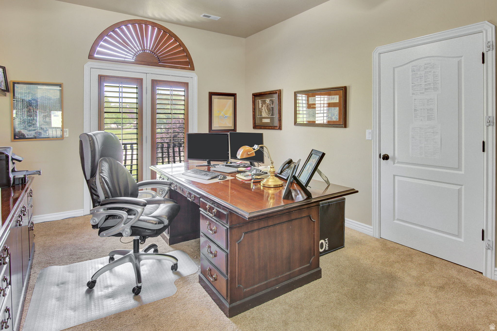 Dedicated office space featuring plush carpet flooring, a white paneled door, and a built-in wood-finish cabinet