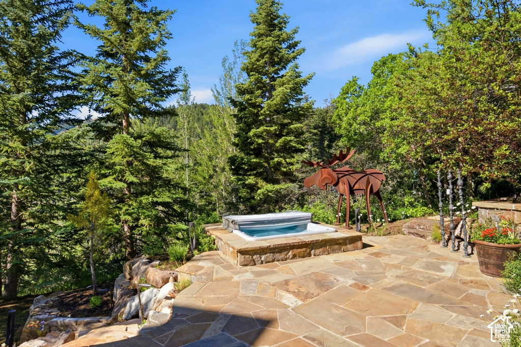 Flagstone patio featuring a built-in hot tub with stone surround