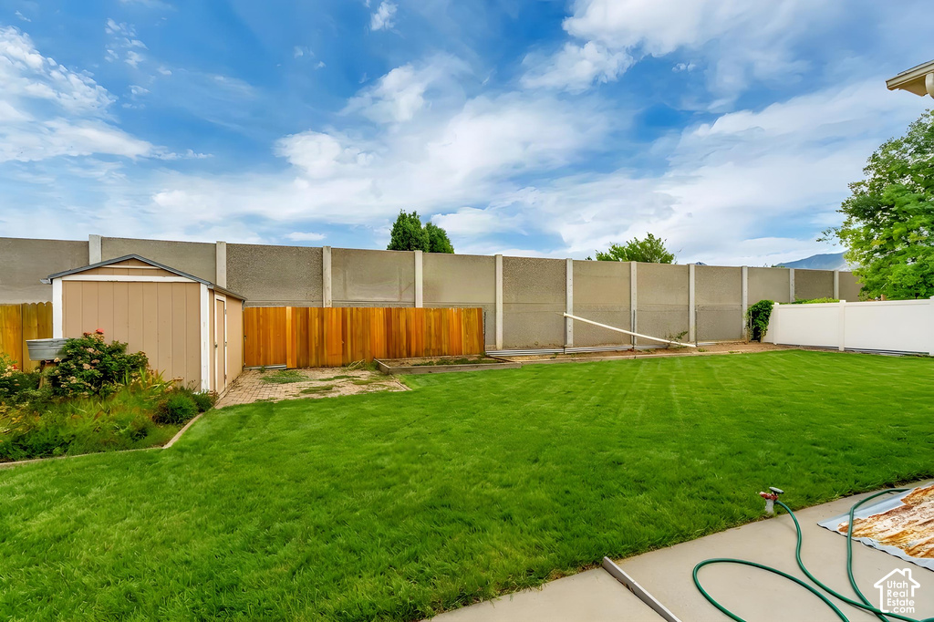 Expansive lawn area with a concrete patio, wood-paneled fencing, and a storage shed