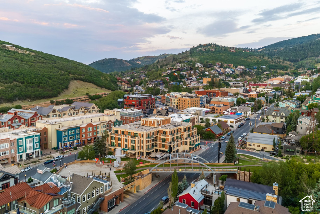 Elevated aerial perspective showcasing a vibrant mountainside community with diverse architectural styles