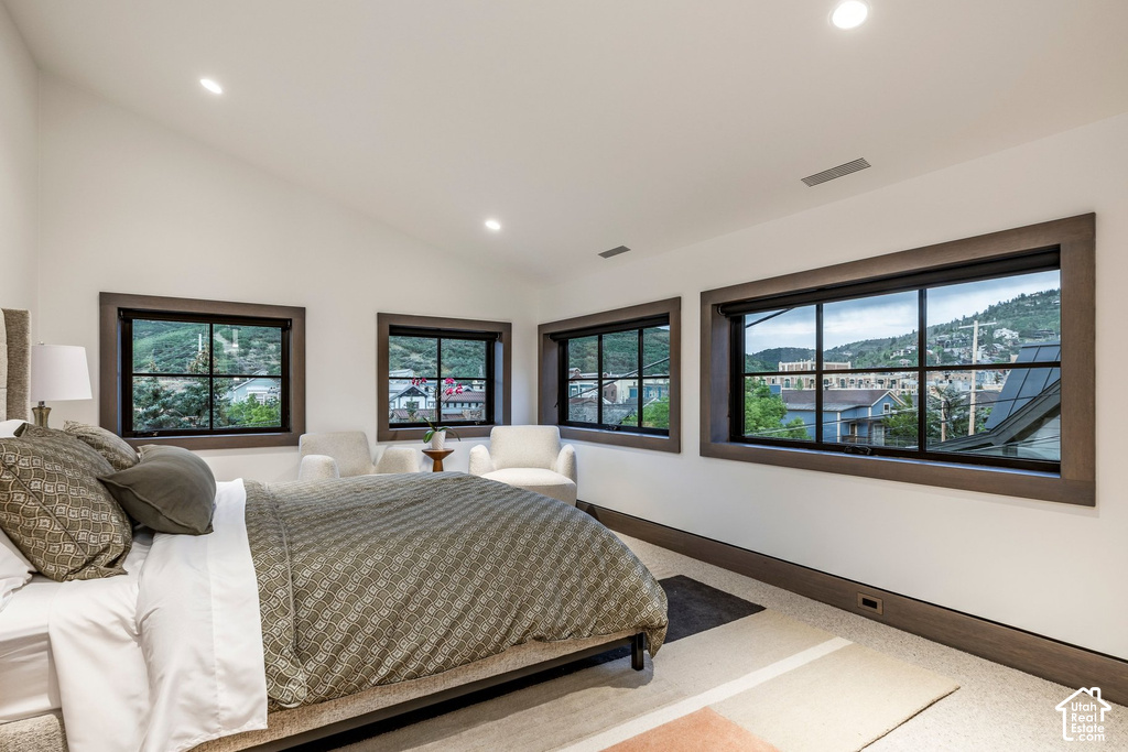 Vaulted ceiling bedroom with recessed lighting