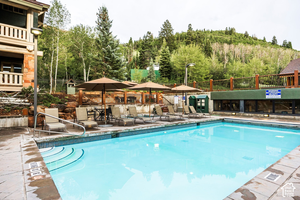 Outdoor swimming pool with tile surround and integrated steps