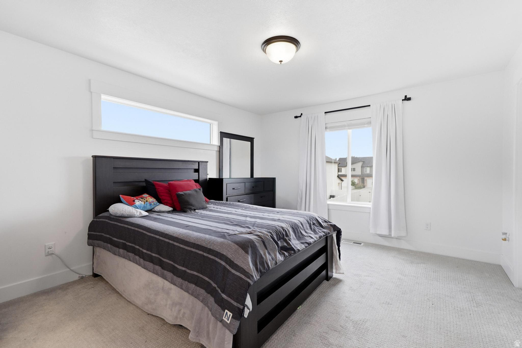 Carpeted room featuring a wide transom window, an additional large window with white trim, and a semi-flush mount ceiling light fixture