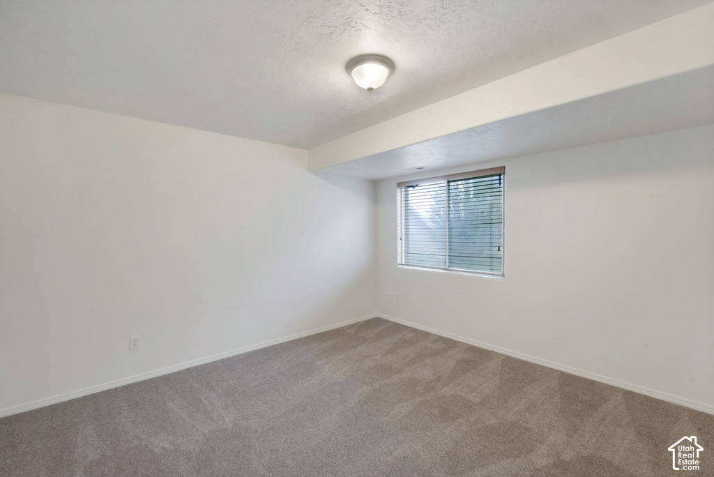 Spacious interior room featuring light-colored walls, neutral carpet flooring, and a single window with blinds
