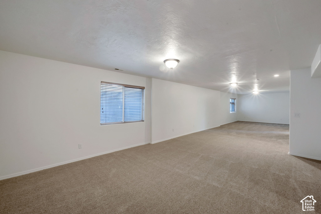 Expansive carpeted room with multiple windows providing natural light