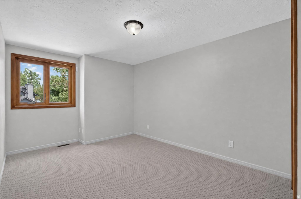 Carpeted room featuring light gray walls, a ceiling-mounted light fixture, and a window with wood trim