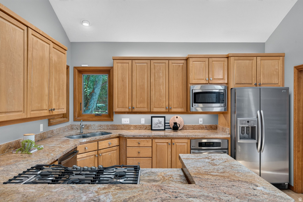 Kitchen featuring abundant wood cabinetry, integrated stainless steel appliances, granite countertops, a built-in gas range, and a double basin sink