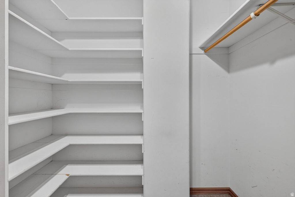 Walk-in closet featuring extensive built-in shelving, a garment rod, and wood-finish flooring