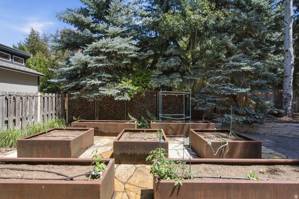 Garden area featuring multiple rectangular raised planters with drip irrigation, irregular flagstone paving, a gabion fence, and mature evergreen trees
