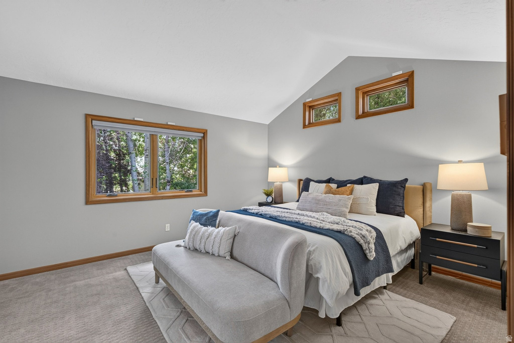 Vaulted ceiling bedroom featuring wood-trimmed windows, neutral wall tones, and carpeted flooring