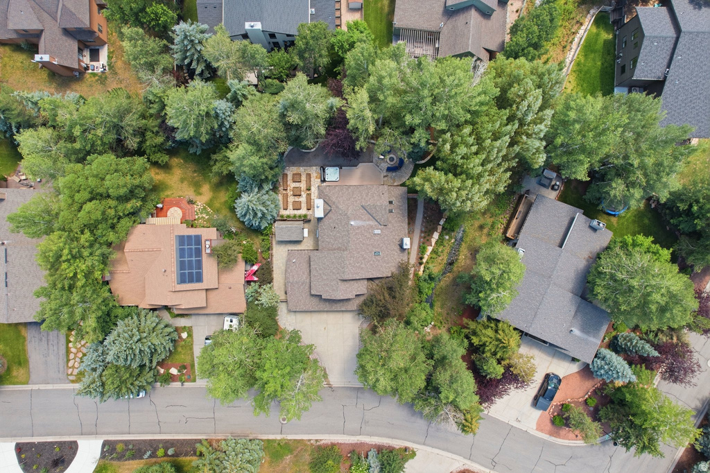 Aerial perspective showcasing a property surrounded by mature trees, featuring a brown shingle roof, solar panel array, and a landscaped front yard with a stone path