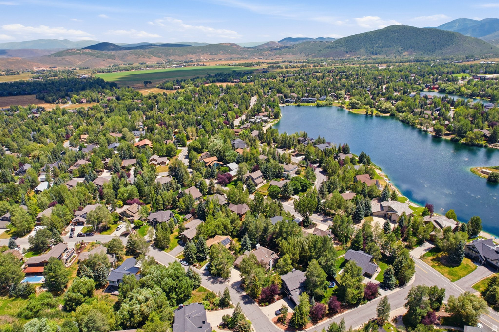 Aerial perspective showcasing a residential community with abundant mature trees and a substantial lake