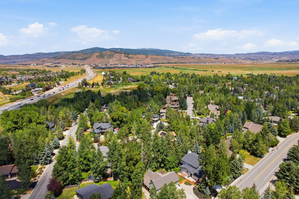 Aerial perspective showcasing a residential area amidst extensive green landscaping and mature trees