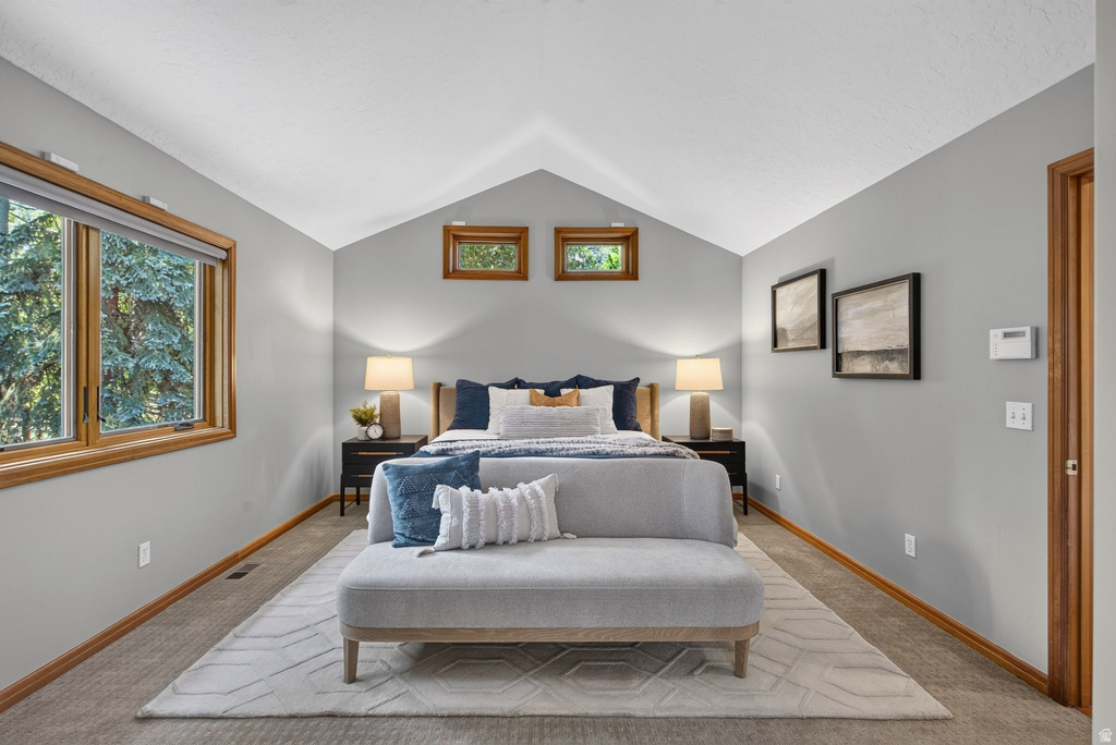 Bedroom featuring vaulted ceilings, wood-framed windows, and carpet flooring