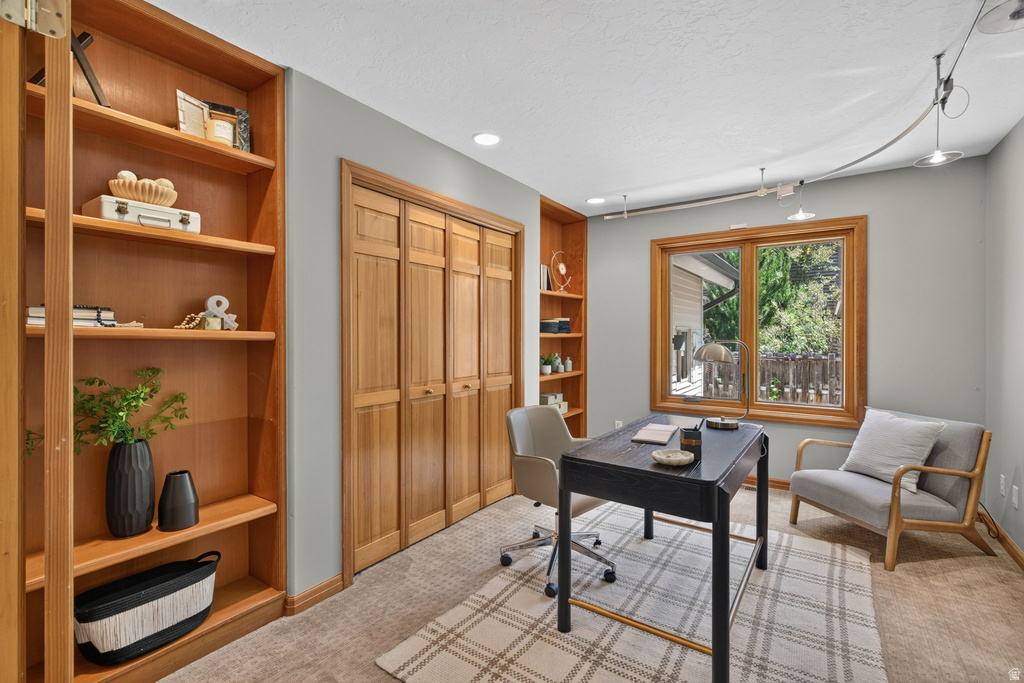 Room featuring built-in wooden shelving, track lighting, and a large window with natural wood trim